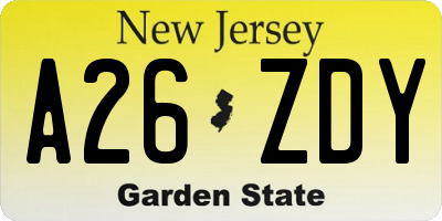 NJ license plate A26ZDY
