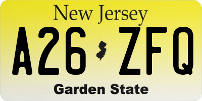 NJ license plate A26ZFQ