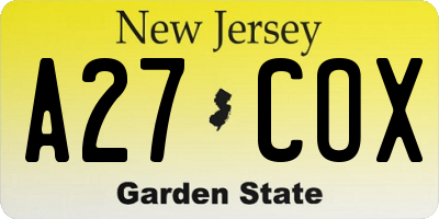 NJ license plate A27COX