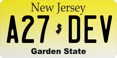 NJ license plate A27DEV