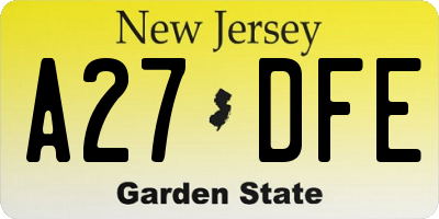 NJ license plate A27DFE