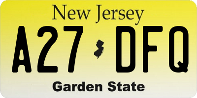 NJ license plate A27DFQ