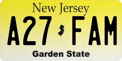 NJ license plate A27FAM