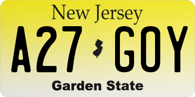 NJ license plate A27GOY