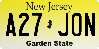NJ license plate A27JON