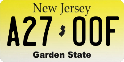 NJ license plate A27OOF