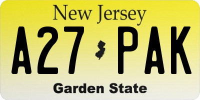 NJ license plate A27PAK