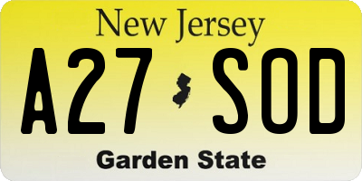 NJ license plate A27SOD