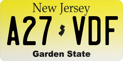 NJ license plate A27VDF