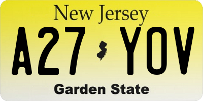 NJ license plate A27YOV