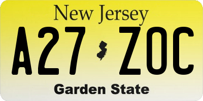 NJ license plate A27ZOC