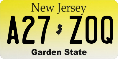 NJ license plate A27ZOQ