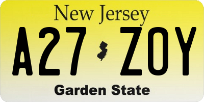 NJ license plate A27ZOY