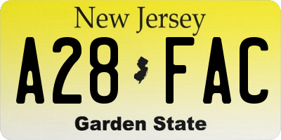NJ license plate A28FAC