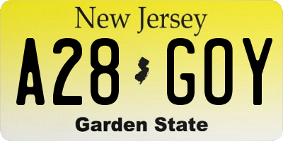 NJ license plate A28GOY