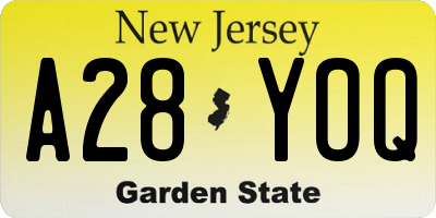 NJ license plate A28YOQ