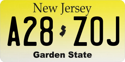NJ license plate A28ZOJ