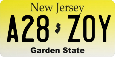 NJ license plate A28ZOY