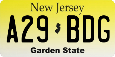 NJ license plate A29BDG