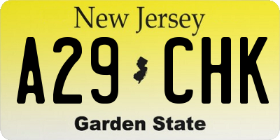 NJ license plate A29CHK