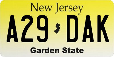 NJ license plate A29DAK