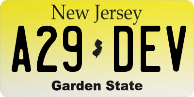 NJ license plate A29DEV