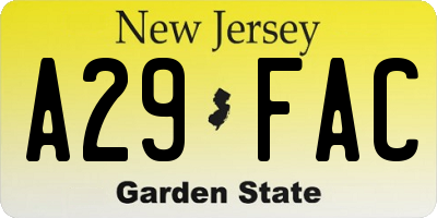 NJ license plate A29FAC