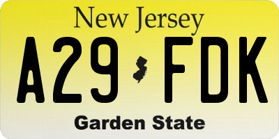 NJ license plate A29FDK
