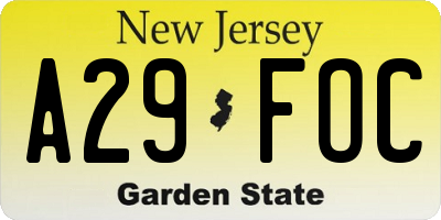 NJ license plate A29FOC