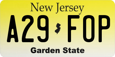 NJ license plate A29FOP