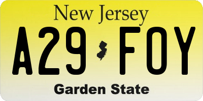 NJ license plate A29FOY