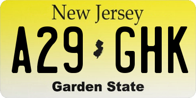 NJ license plate A29GHK