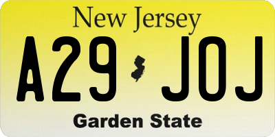 NJ license plate A29JOJ