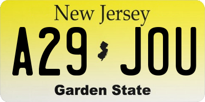 NJ license plate A29JOU