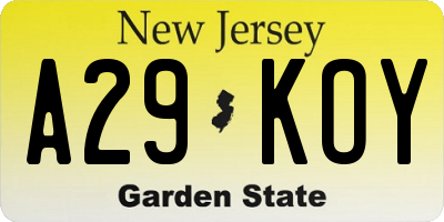 NJ license plate A29KOY