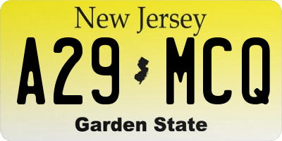NJ license plate A29MCQ
