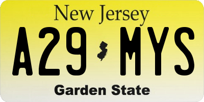 NJ license plate A29MYS