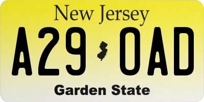 NJ license plate A29OAD