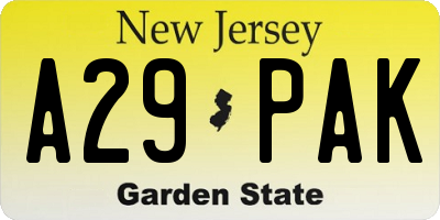 NJ license plate A29PAK