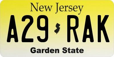 NJ license plate A29RAK