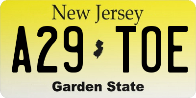 NJ license plate A29TOE