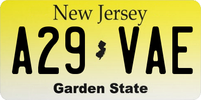 NJ license plate A29VAE