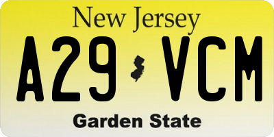 NJ license plate A29VCM