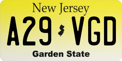 NJ license plate A29VGD