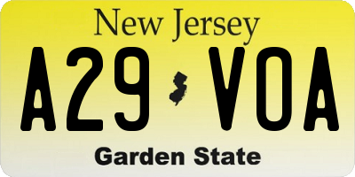NJ license plate A29VOA