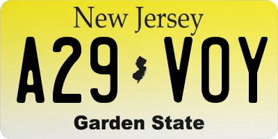 NJ license plate A29VOY