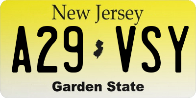 NJ license plate A29VSY