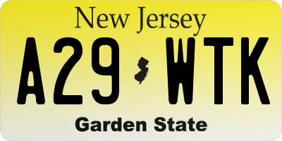 NJ license plate A29WTK