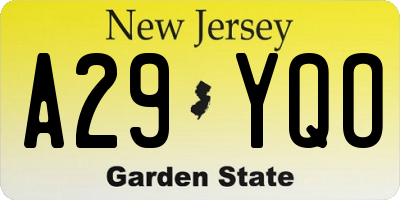 NJ license plate A29YQO