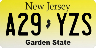 NJ license plate A29YZS